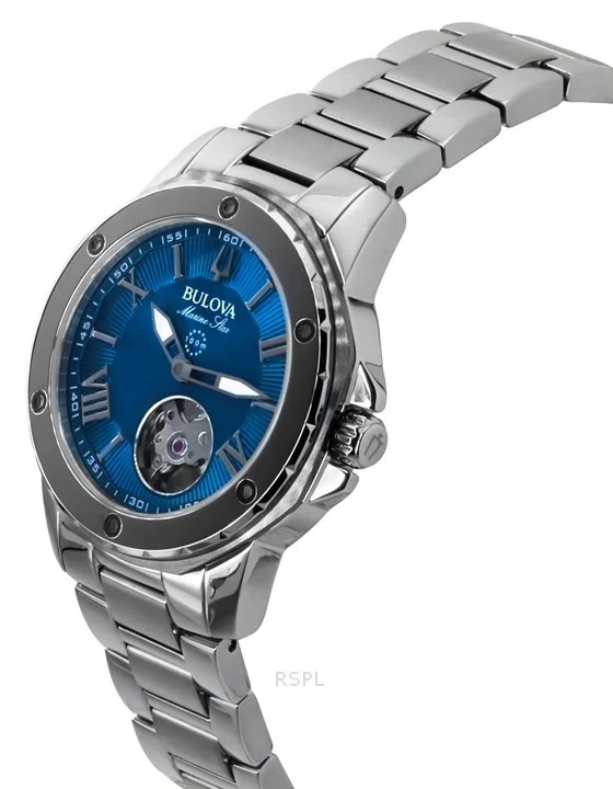 Bulova Marine Star Stainless Steel Open Heart Blue Dial Automatic 98L317 100M Women's Watch
