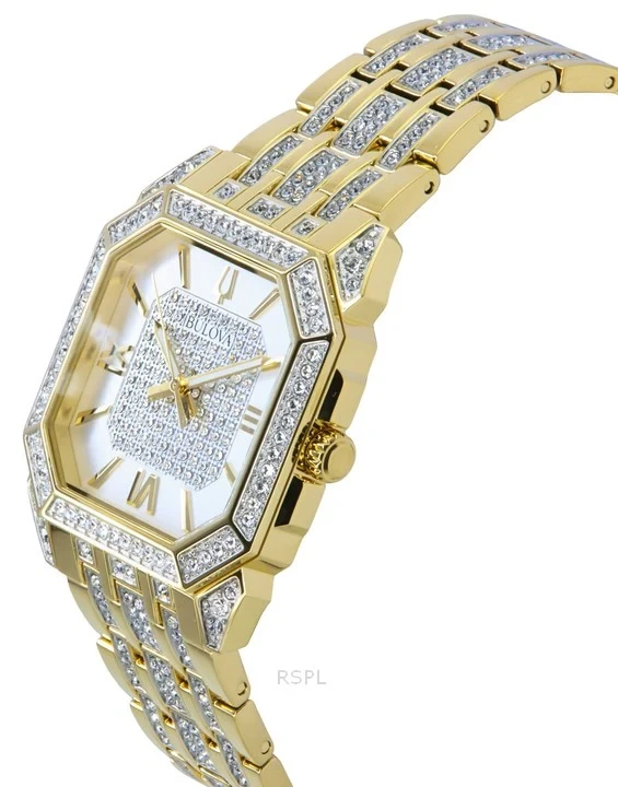 Bulova Octava Crystal Accents Gold Tone Stainless Steel Silver Dial Quartz 98A295 Men's Watch