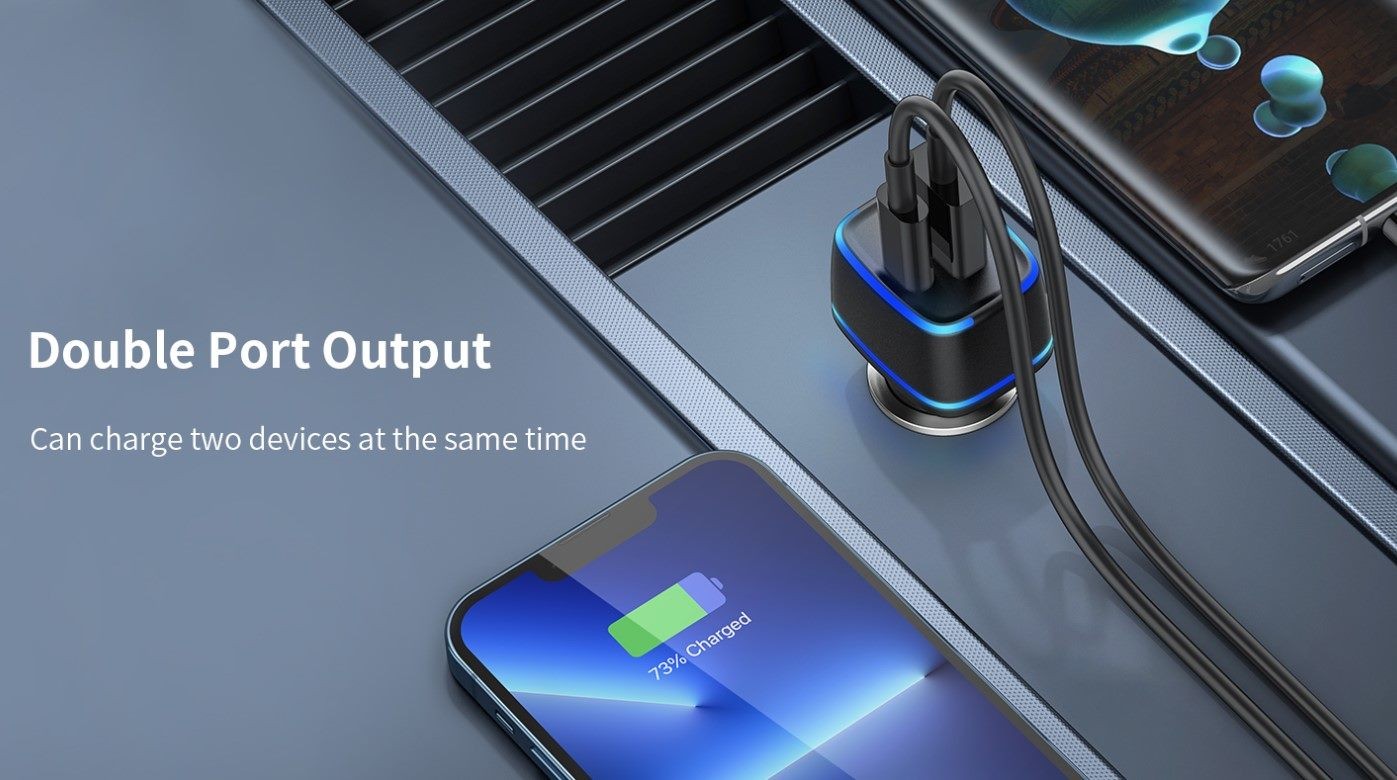 Car Charger, Double Port Output, PD 20W and QC3.0, Recci Brand.