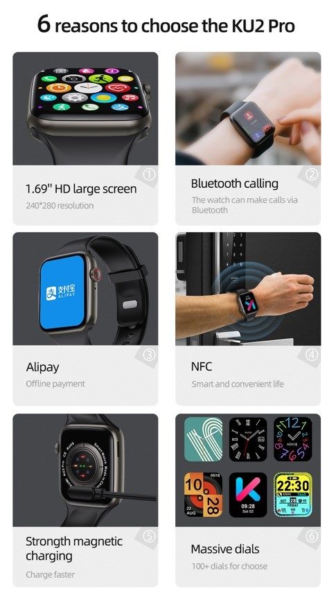 Smart Watch, KUMI KU2 PRO, Black, 1 Year Warranty