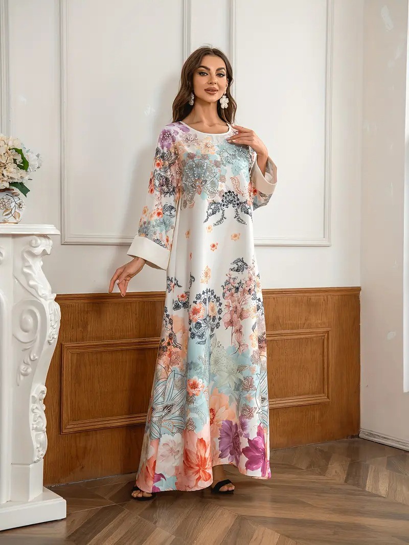 Elegant Floral Print Long Kaftan Dress