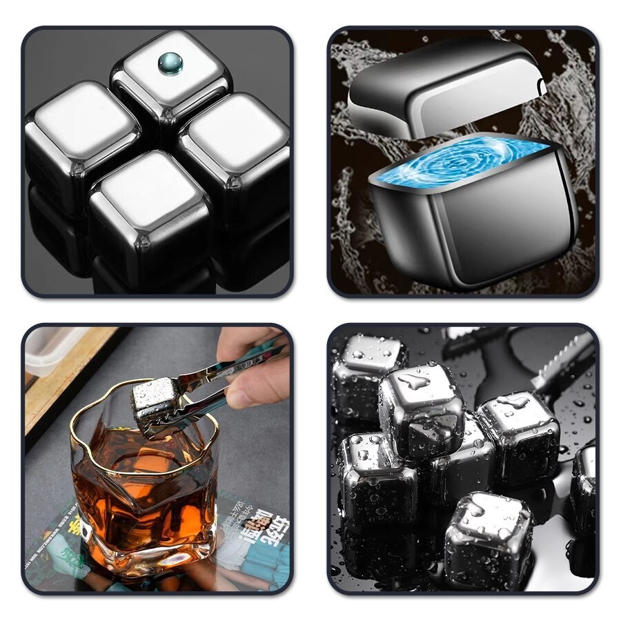 6 Piece Whiskey Ice Cubes Set with Silicone Head Tongs and Ice Cube Trays - Stainless Steel Reusable Ice Cubes