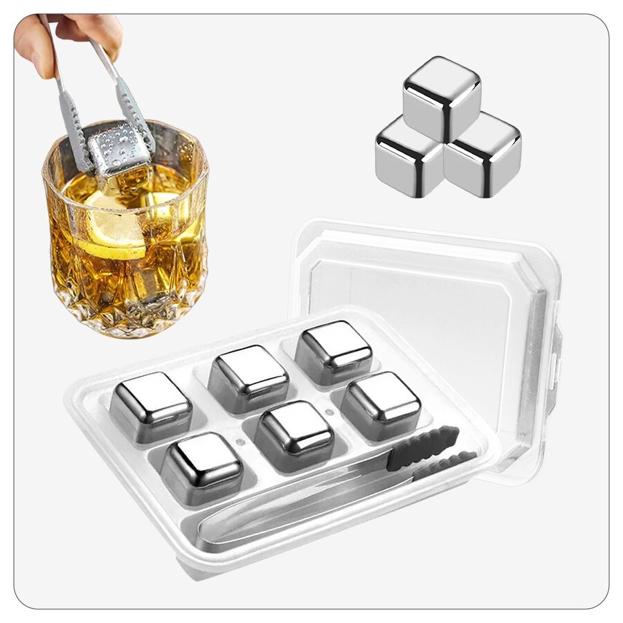 6 Piece Whiskey Ice Cubes Set with Silicone Head Tongs and Ice Cube Trays - Stainless Steel Reusable Ice Cubes
