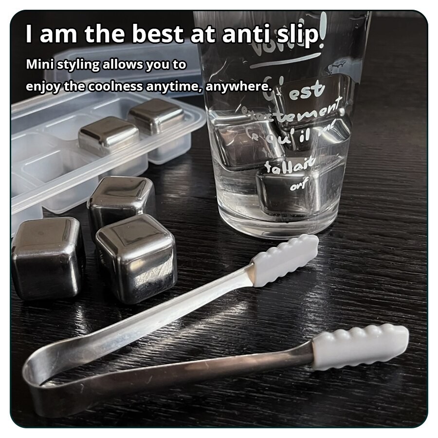 6 Piece Whiskey Ice Cubes Set with Silicone Head Tongs and Ice Cube Trays - Stainless Steel Reusable Ice Cubes