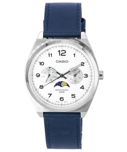 Casio Standard Analog Moon Phase White Dial Leather Strap Quartz MTP-M300L-7A MTPM300L-7 Men's Watch