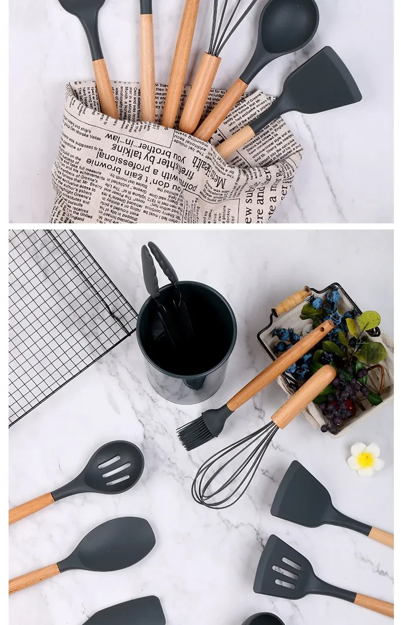Wooden Handle Silicone Kitchenware 11-piece Non-stick Pan Cooking Spoon And Shovel Suit