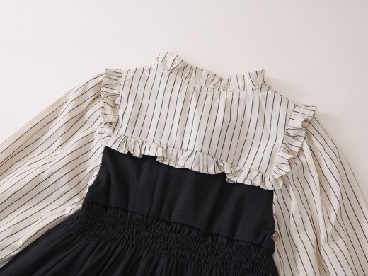 Fake Two-piece Korean Striped Contrast Color Long Sleeve Skirt