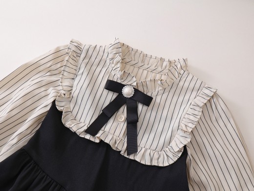 Fake Two-piece Korean Striped Contrast Color Long Sleeve Skirt