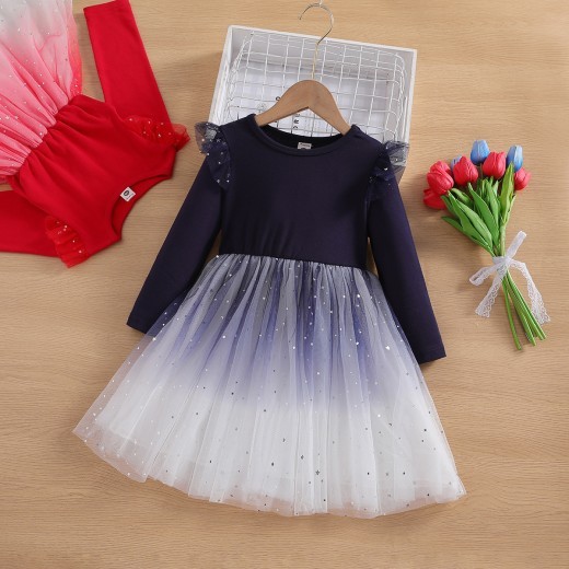 Autumn New Girls Dress Starry Sky Mesh Bubble Skirt