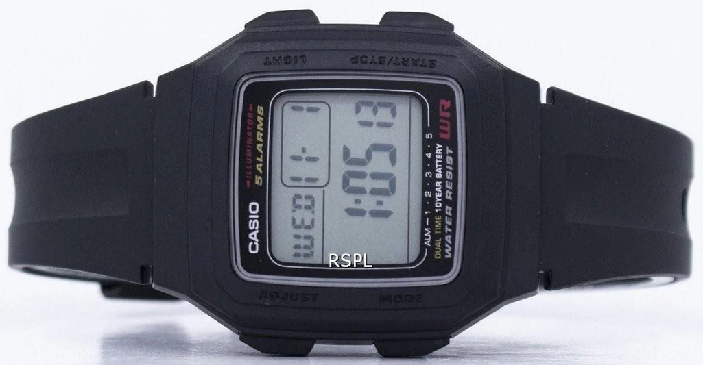 Casio Digital 5 Alarms Dual Time Illuminator F-201WA-1ADF F-201WA-1A Mens Watch