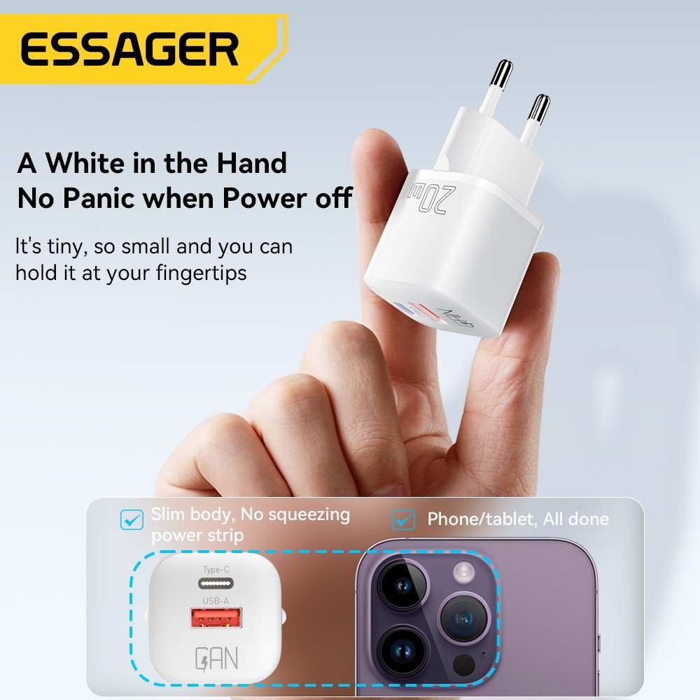 Essager 20W GaN USB Type-C Charger - PD Fast Charge QC 3.0