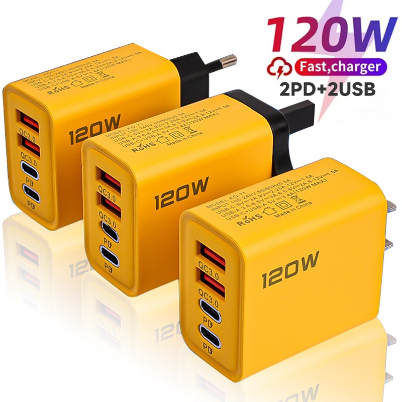 4-Port 120W USB-C PD Charger - Quick Charge QC3.0 Adapter