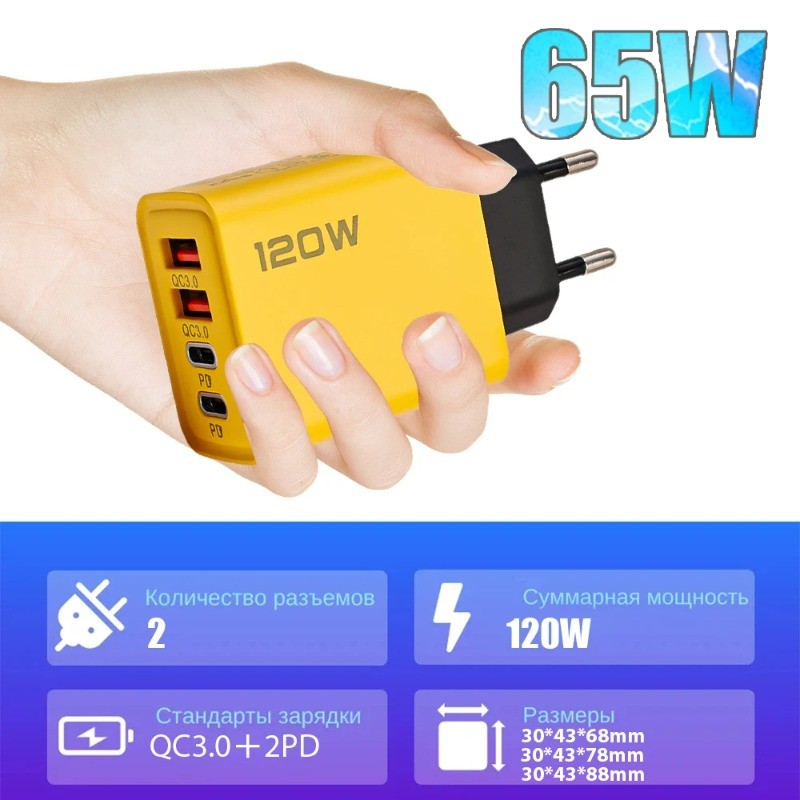 4-Port 120W USB-C PD Charger - Quick Charge QC3.0 Adapter