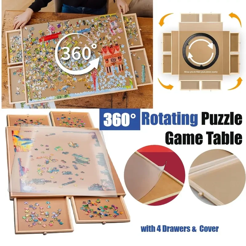 Best Christmas Gift Ultimate Fun Jigsaw Puzzle Wooden Table Board Games Rotating Table Board With 4 Drawers