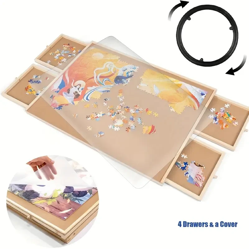 Best Christmas Gift Ultimate Fun Jigsaw Puzzle Wooden Table Board Games Rotating Table Board With 4 Drawers