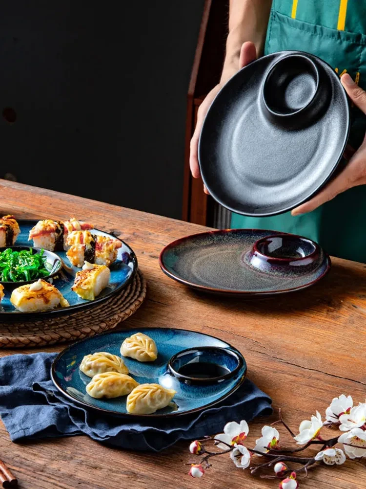 Dumpling Plate With Vinegar Dish Creative Round Underglaze Color Divided Plate