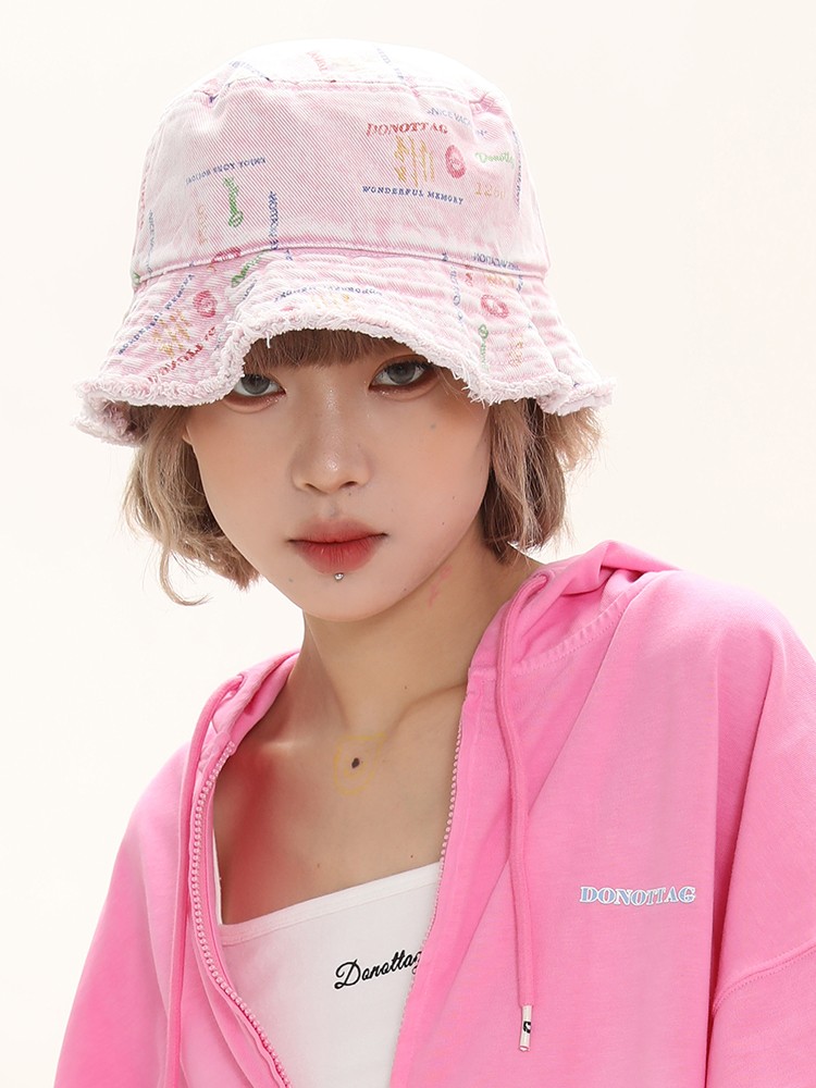 Handmade Raw Edges All Over Print Color Denim Bucket Hat Versatile