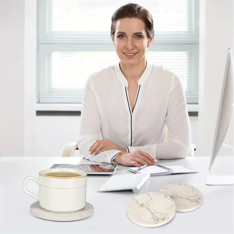 6pcs White Marble Ceramic Coaster Set with Golden Holder