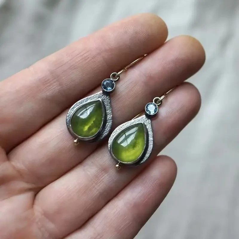Boho-Chic Olive Green Cubic Zirconia Drop Earrings