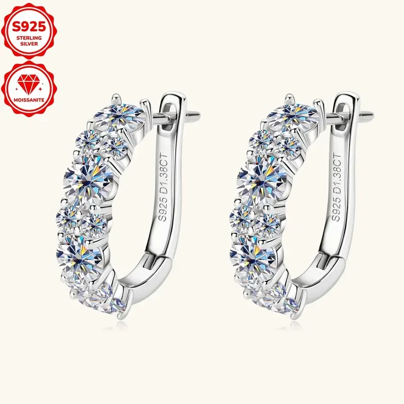 1 Pair Elegant 925 Sterling Silver Hoop Earrings with 4mm*8pcs & 2mm*12pcs Synthetic Moissanite Stones
