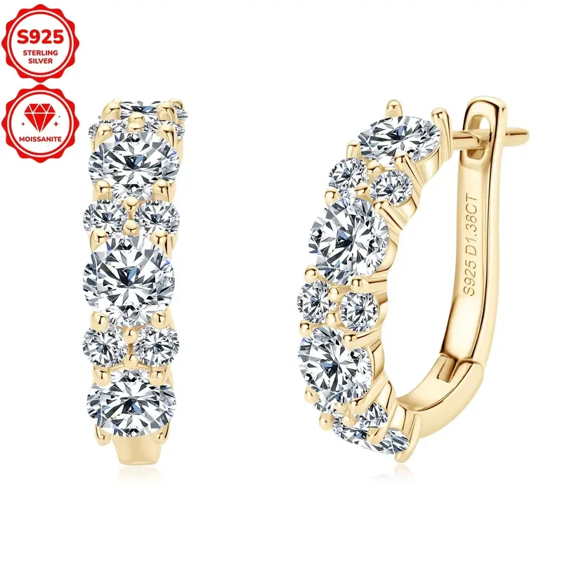 1 Pair Elegant 925 Sterling Silver Hoop Earrings with 4mm*8pcs & 2mm*12pcs Synthetic Moissanite Stones