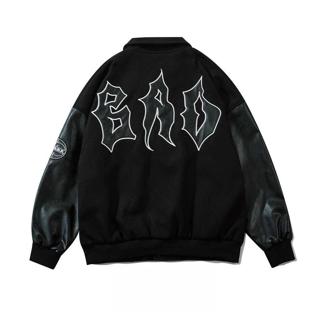Men's Embroidered Letters PU Leather Sleeve Stitching Baseball Uniform