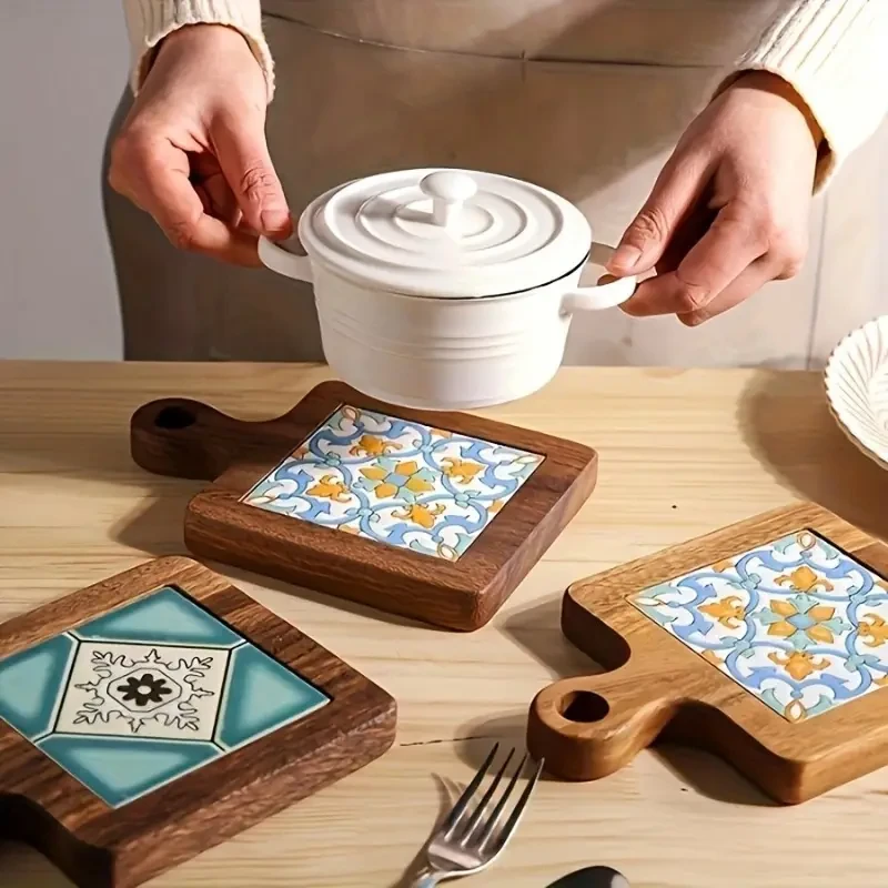 4pcs Floral Wooden Trivets - High-Temperature Resistant Heat