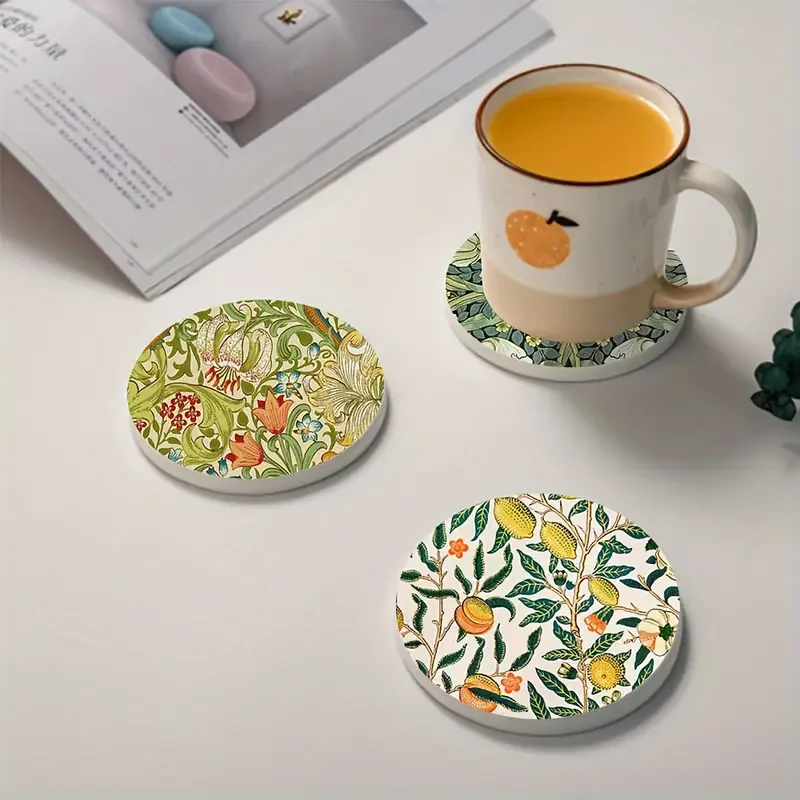 6pcs William Morris Floral Pattern Round Wooden Coasters