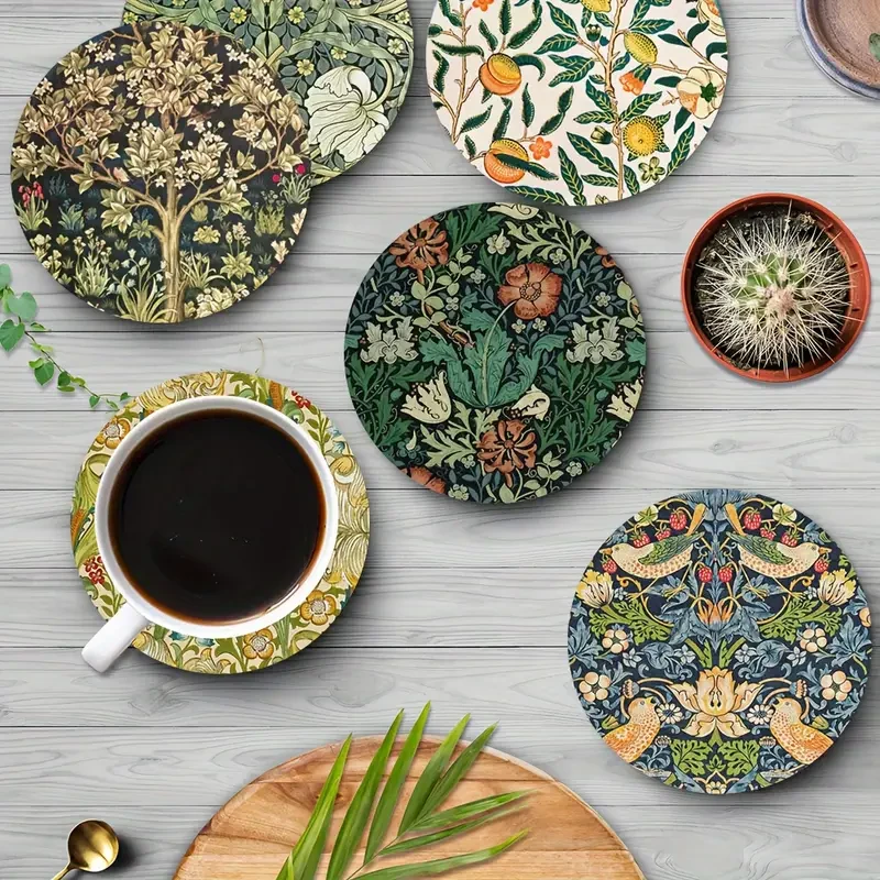 6pcs William Morris Floral Pattern Round Wooden Coasters