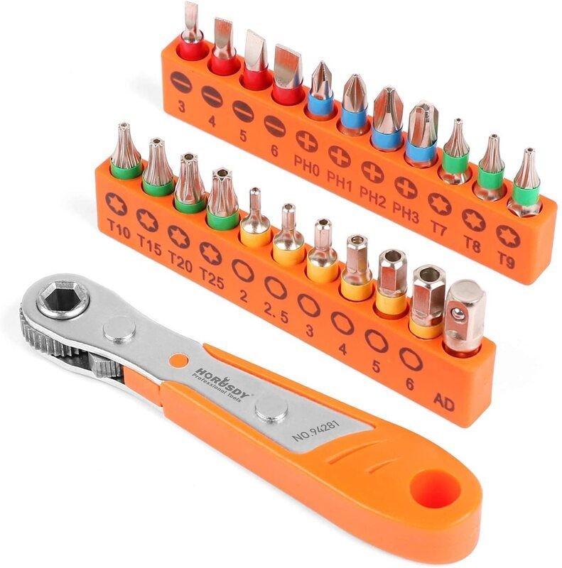 HORUSDY 1/4" Mini Ratchet Wrench Quarters Screwdriver Bits Set