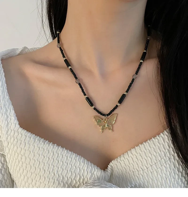 Black Beaded Butterfly Pendant Necklace