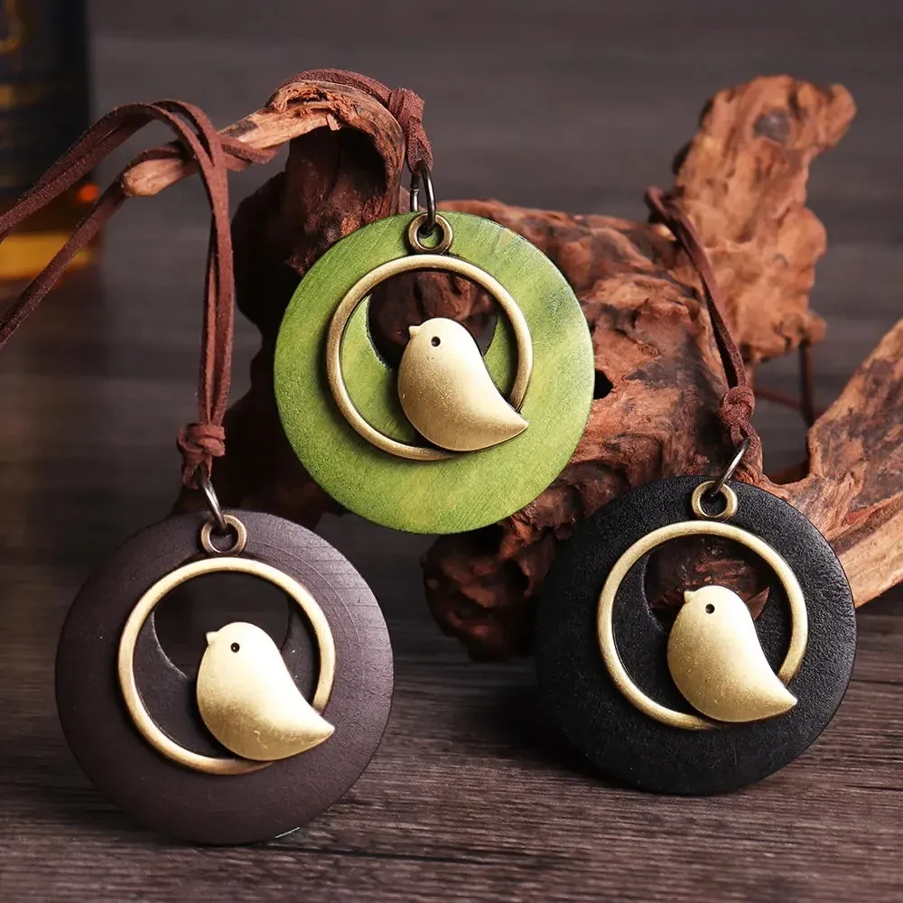Wooden bird pendant long necklace