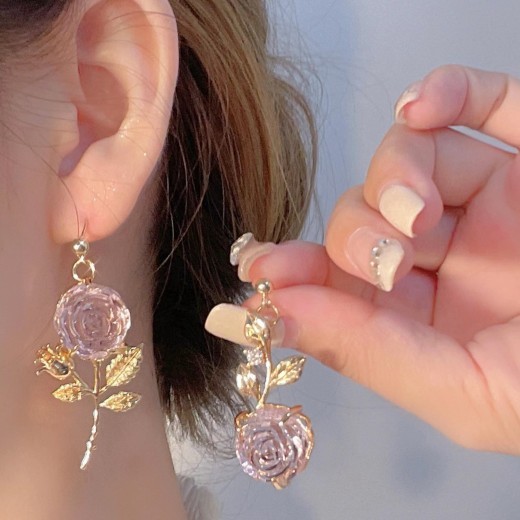S925 Silver Pin Nightingale And Rose Stunning Rose Asymmetrical Earrings