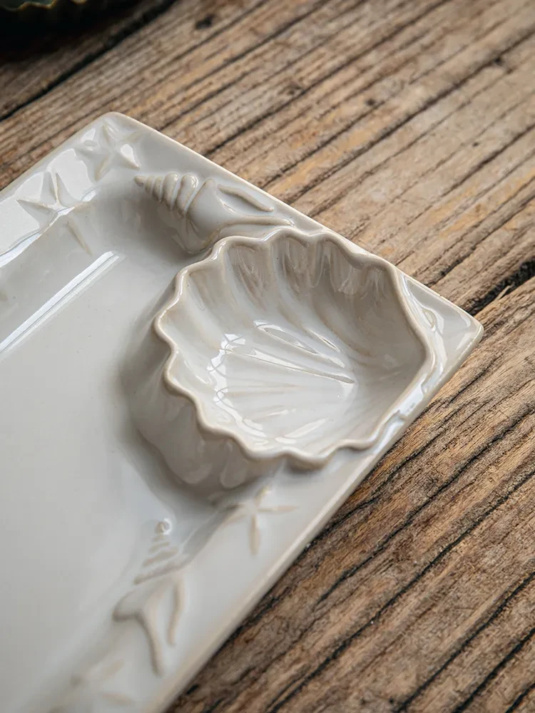Embossed Shell Ceramic Dumpling Plate With Vinegar Dish