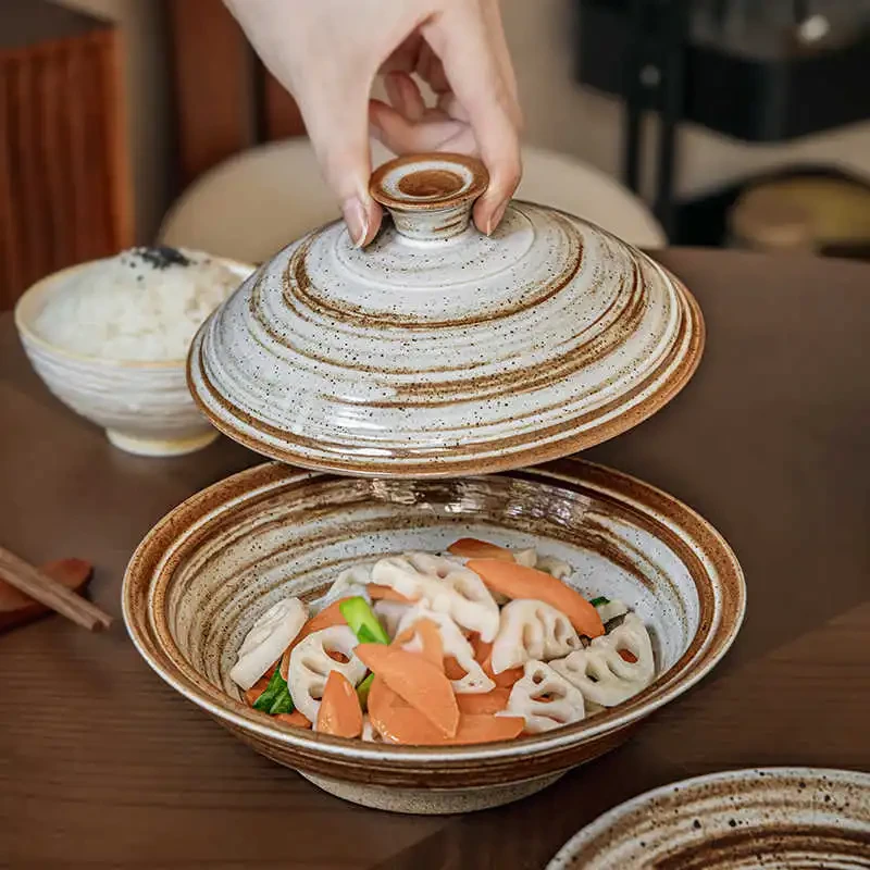 Restaurant Featured High Leg Commercial Ceramic Stoneware Bowl With Lid