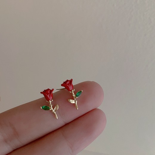 Drop Oil Zircon Metal Rose Stud Earrings