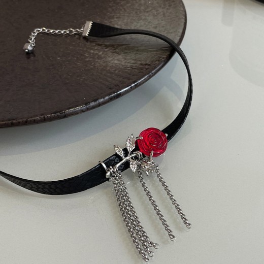 Red Rose Dark Tassel Necklace For Women