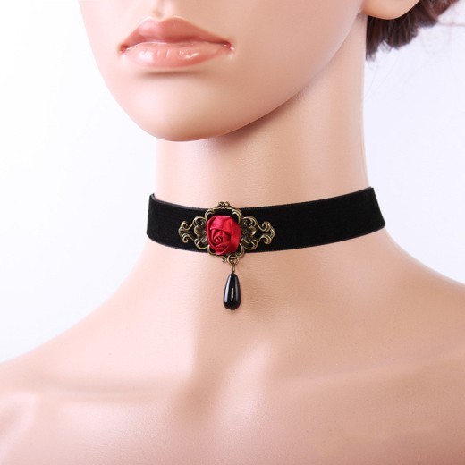 Red rose flower drop pearl short necklace