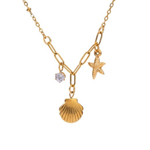 18K Gold Stainless Steel White Zircon Hammered Starfish Pendant Necklace
