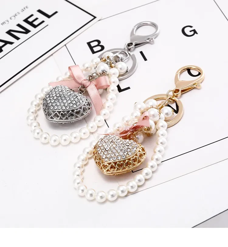 Exquisite Heart-shaped Keychain Full Diamond Peach Heart Pearl Pendant