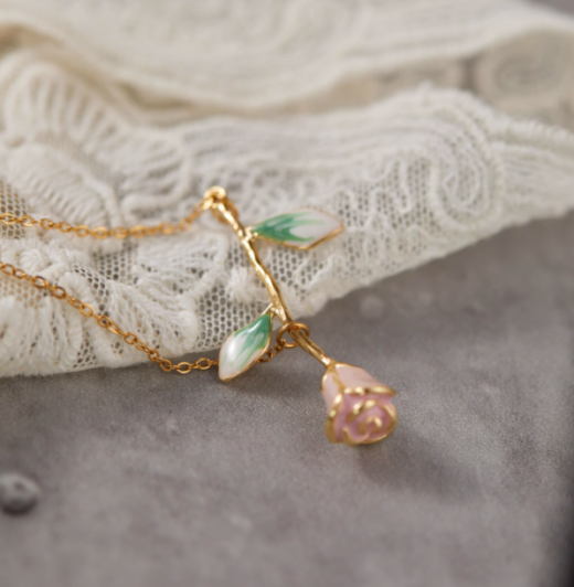Gentle Rose Enamel Flowers Titanium Steel Necklace