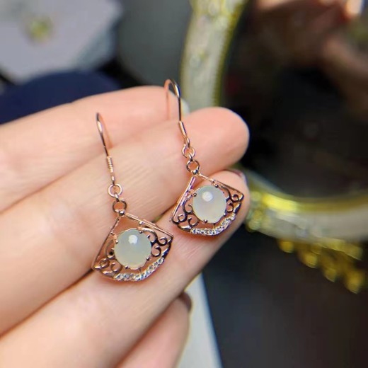 Natural Emerald Eardrops Rose Fan Temperament Ear Studs