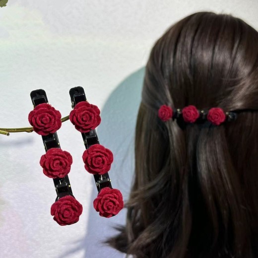 Women's Fashion Vintage Rose Red Flocked Hair Clip
