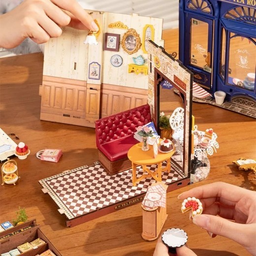 ROBOTIME DIY Miniature Dollhouse Kit - Tea Room With LED Lights And Furniture, Wooden Model Building Set For Adults And Kids, Creative Gift For Leisure Time