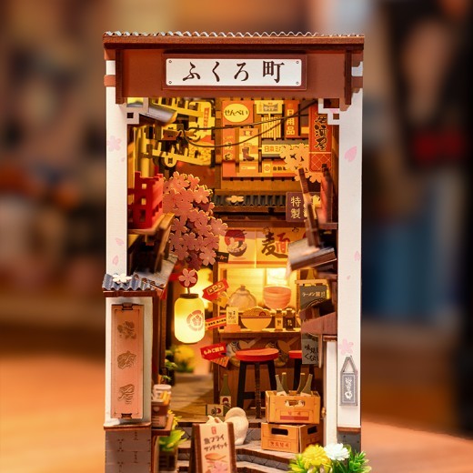 ROBOTIME DIY Book Nook Kit - Sakura Wine Alley With LED Lights, 3D Wooden Miniature Dollhouse Puzzle, Creative Bookend Bookshelf Decor, Unique Gift For Adults