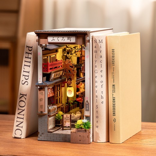 ROBOTIME DIY Book Nook Kit - Sakura Wine Alley With LED Lights, 3D Wooden Miniature Dollhouse Puzzle, Creative Bookend Bookshelf Decor, Unique Gift For Adults