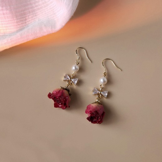 Silver Needle Vintage Hong Kong Air-dried Rose Earrings