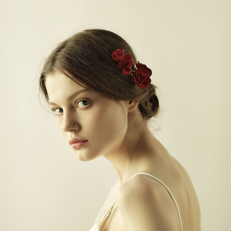 Chinese Style Red Bridal Head Flower Hair Ornament, Flannel Rose Flower