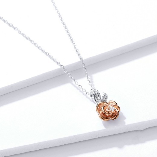 Rose Flower S925 Sterling Silver Two-tone Diamond Necklace