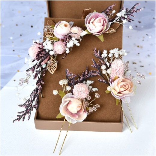 Bride Headwear Dry Flower Rose Three Piece Set Of Stylish Flower Pure Handwoven Hair Accessories